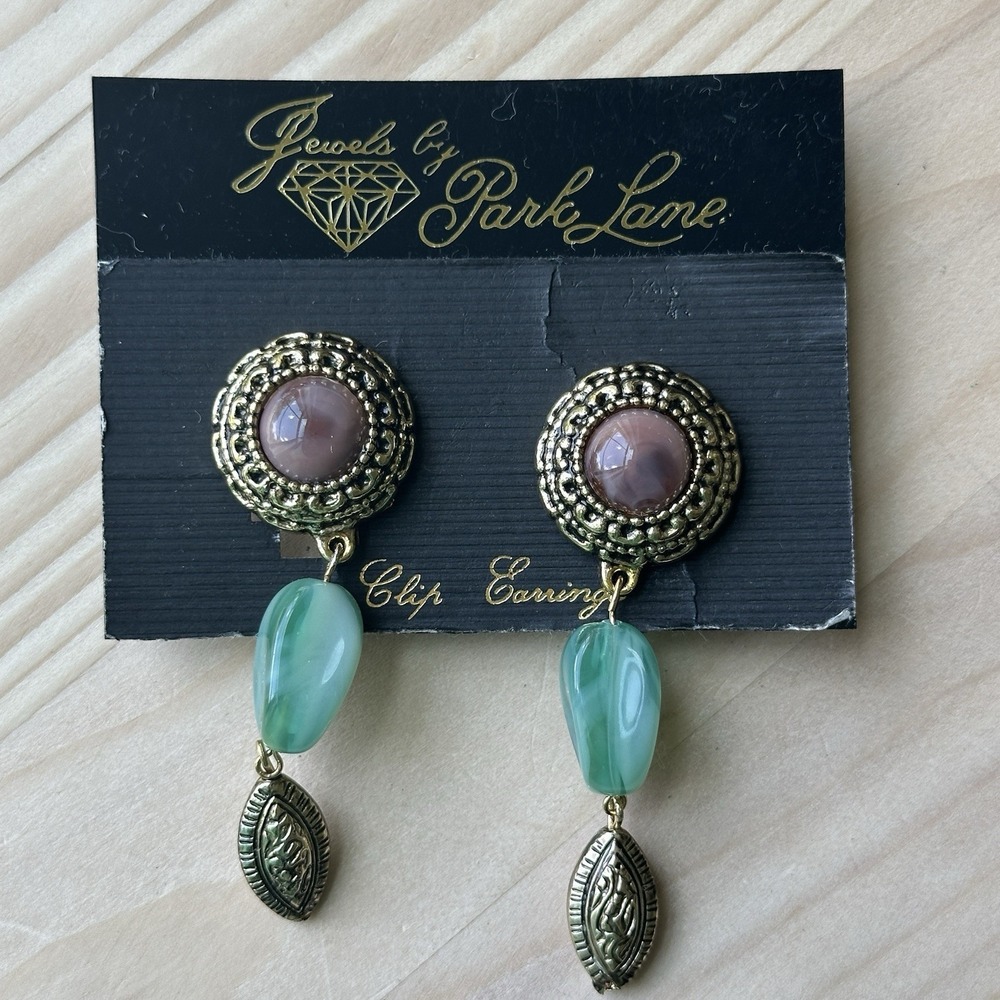 Park Lane Beaded Dangle Earrings 3 Inch Gold‎ Green Purple Faux Stones Ornate